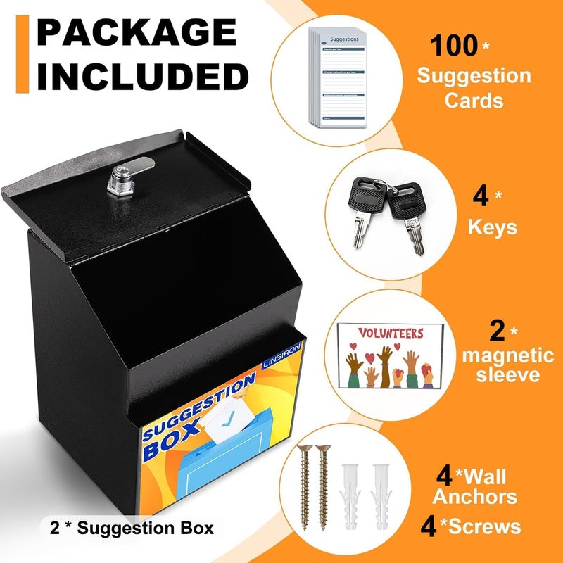 LINSIRON Suggestion Box with Slot and Lock 2 Pcs Metal 8.4 x 5.8 x 7.0 in Built-In Storage Compartment with Magnetic Sign Holder 100 Suggestion Card Tip Jar Ballot Voting Prayer Comment Mailbox - Image 3
